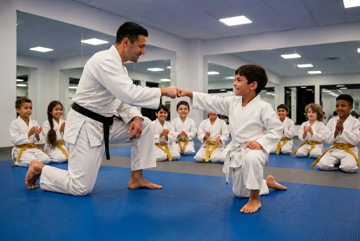 Students sharing a fist bump after class at Hwang's Martial Arts in Louisville